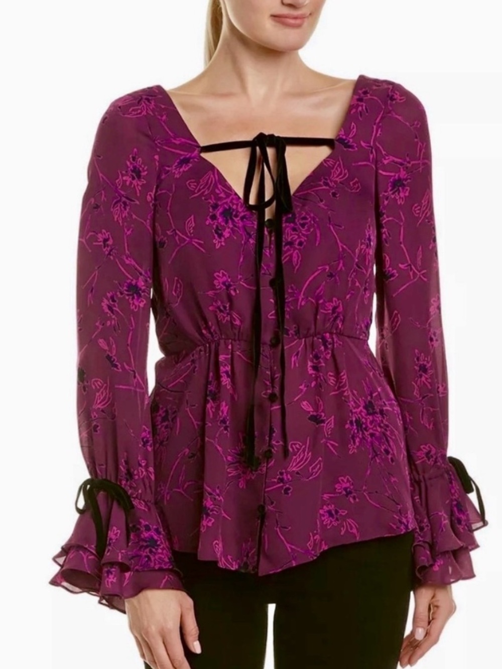 cinq a sept nwt Mabel silk Purple Floral Puff-Sleeve Blouse with Pink Accents